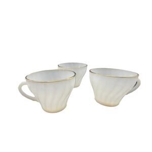 Vintage Anchor hocking Fire King Milk Glass Swirl Gold Rim Coffee/Tea Cups Set 3